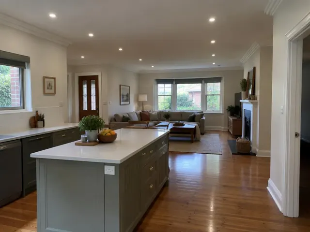 Living room and kitchen with recessed ceiling downlights in a home interior in Black Hill