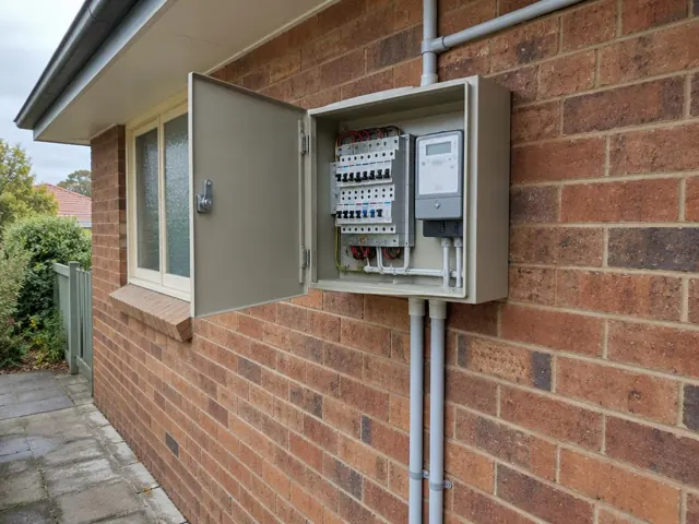 Open exterior switchboard cabinet on a brick house wall with meter and wiring in Hexham